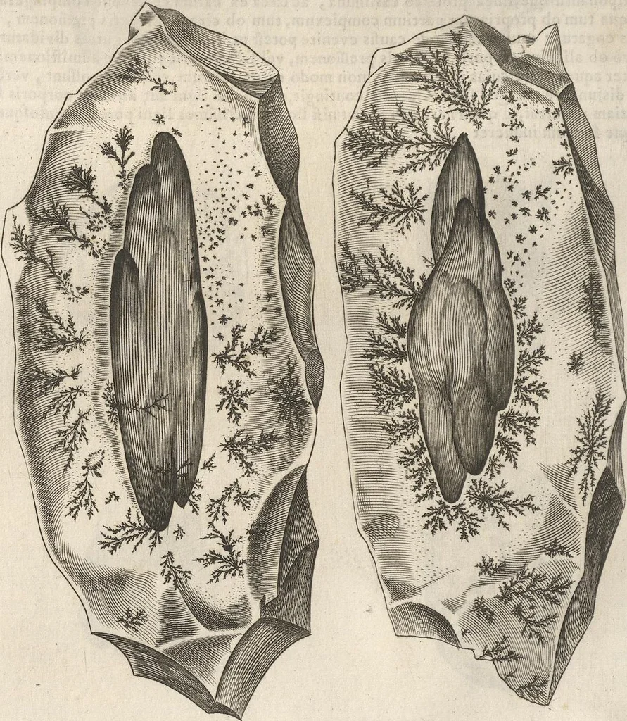 An illustration from Michaelis Mercati Samminiatensis Metallotheca: Opus Posthumum, Auctoritate, & Munificentiâ Clementis Undecimi Pontificis Maximi E' tenebris in lucem eductum; Opera autem, & studio Joannis Mariae Lancisii Archiatri Pontificii Illustratum. Cui Accessit Appendix Cum XIX. Recens Inventis Iconibus, 1719, leaf 350