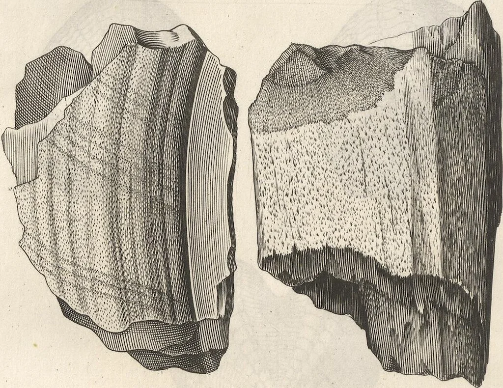 An illustration from Michaelis Mercati Samminiatensis Metallotheca: Opus Posthumum, Auctoritate, & Munificentiâ Clementis Undecimi Pontificis Maximi E' tenebris in lucem eductum; Opera autem, & studio Joannis Mariae Lancisii Archiatri Pontificii Illustratum. Cui Accessit Appendix Cum XIX. Recens Inventis Iconibus, 1719, leaf 496