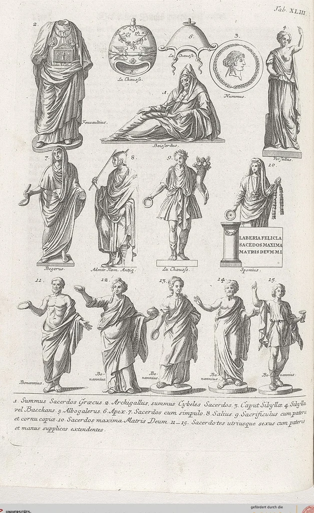An illustration from Griechische und Römische Alterthümer: welche der berühmte P. Montfaucon ehemals samt den dazu gehörigen Supplementen in zehen Bänden in Folio, an das Licht gestellet hat, ..., 1757, leaf 210