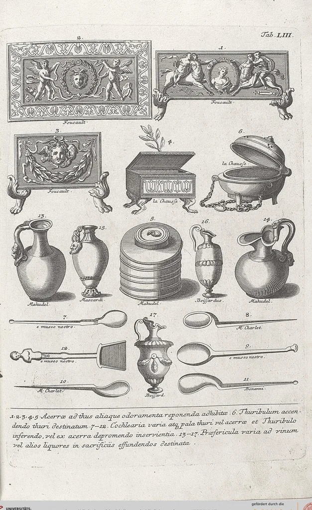 An illustration from Griechische und Römische Alterthümer: welche der berühmte P. Montfaucon ehemals samt den dazu gehörigen Supplementen in zehen Bänden in Folio, an das Licht gestellet hat, ..., 1757, leaf 267