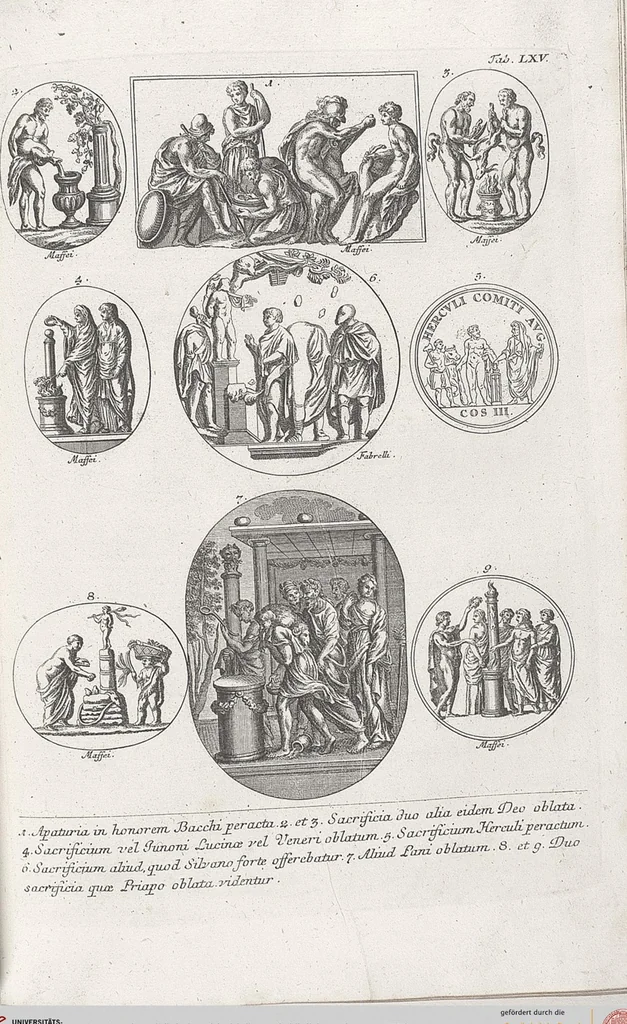 An illustration from Griechische und Römische Alterthümer: welche der berühmte P. Montfaucon ehemals samt den dazu gehörigen Supplementen in zehen Bänden in Folio, an das Licht gestellet hat, ..., 1757, leaf 310