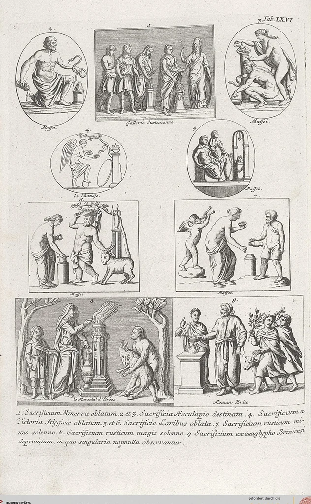An illustration from Griechische und Römische Alterthümer: welche der berühmte P. Montfaucon ehemals samt den dazu gehörigen Supplementen in zehen Bänden in Folio, an das Licht gestellet hat, ..., 1757, leaf 313