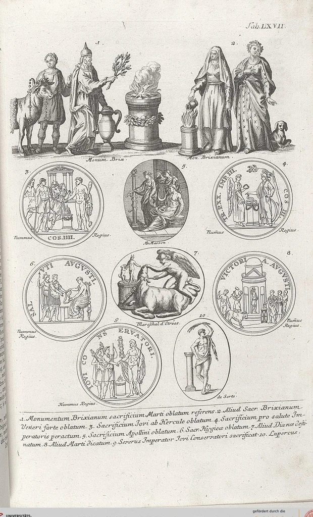 An illustration from Griechische und Römische Alterthümer: welche der berühmte P. Montfaucon ehemals samt den dazu gehörigen Supplementen in zehen Bänden in Folio, an das Licht gestellet hat, ..., 1757, leaf 316