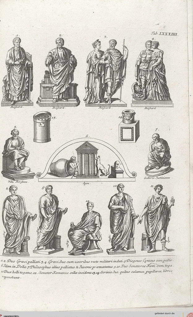 An illustration from Griechische und Römische Alterthümer: welche der berühmte P. Montfaucon ehemals samt den dazu gehörigen Supplementen in zehen Bänden in Folio, an das Licht gestellet hat, ..., 1757, leaf 412