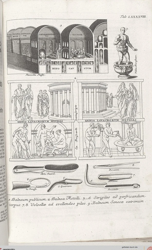 An illustration from Griechische und Römische Alterthümer: welche der berühmte P. Montfaucon ehemals samt den dazu gehörigen Supplementen in zehen Bänden in Folio, an das Licht gestellet hat, ..., 1757, leaf 496
