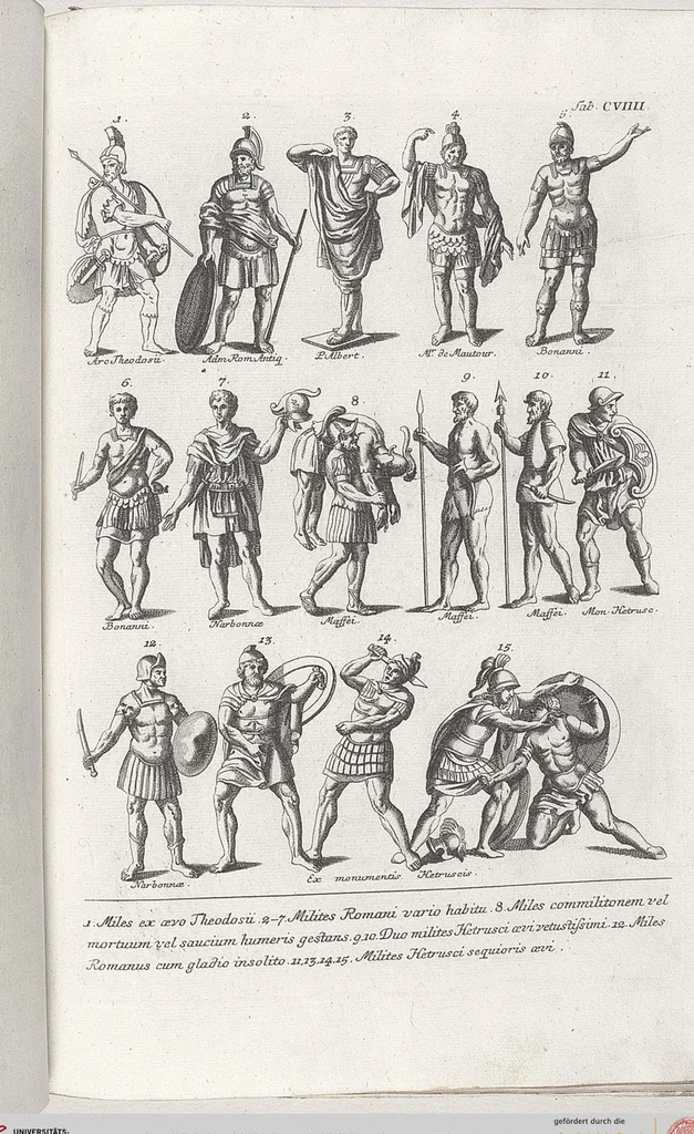 An illustration from Griechische und Römische Alterthümer: welche der berühmte P. Montfaucon ehemals samt den dazu gehörigen Supplementen in zehen Bänden in Folio, an das Licht gestellet hat, ..., 1757, leaf 574