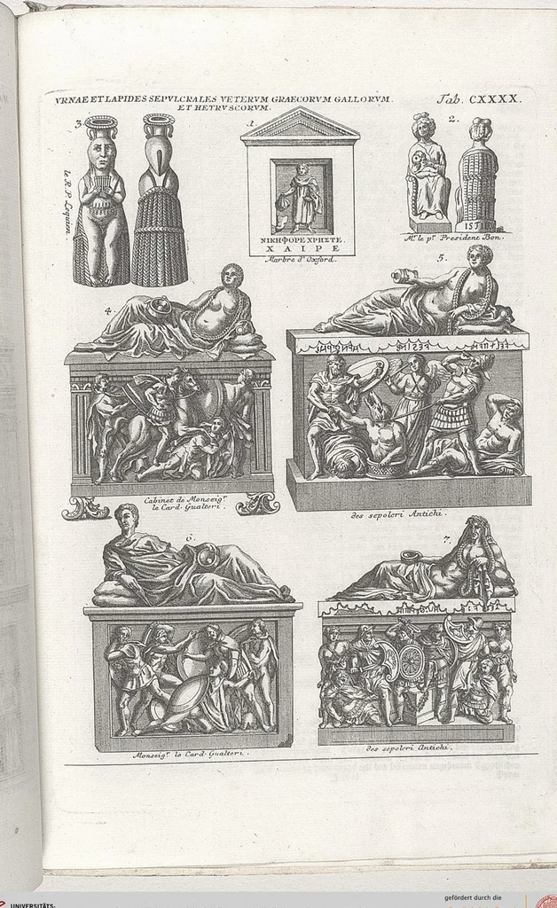 An illustration from Griechische und Römische Alterthümer: welche der berühmte P. Montfaucon ehemals samt den dazu gehörigen Supplementen in zehen Bänden in Folio, an das Licht gestellet hat, ..., 1757, leaf 692
