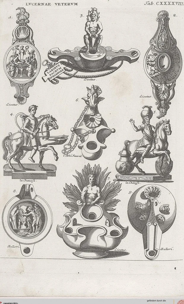 An illustration from Griechische und Römische Alterthümer: welche der berühmte P. Montfaucon ehemals samt den dazu gehörigen Supplementen in zehen Bänden in Folio, an das Licht gestellet hat, ..., 1757, leaf 725