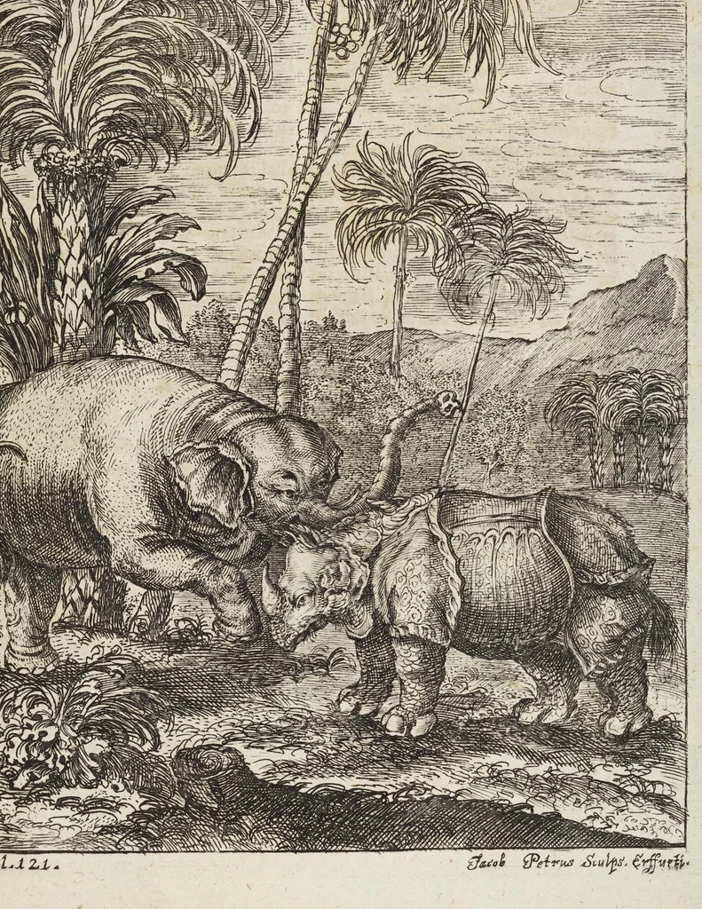 An illustration from D. Georg. Christoph. Petri ab Hartenfelß/ Consiliarii Et Archiatri Moguntini &c. &c. Elephantographia Curiosa: Cui Accessit Ejusdem Auctoris Oratio Panegyrica De Elephantis, Publice In Actu Doctorali Erfordiæ Habita; Nec Non Justi Lipsii Epistola De Eodem Argumento Erudite Conscripta: In Fine Adjectus Est Index Rerum Notabilium Locupletissimus, leaf 187