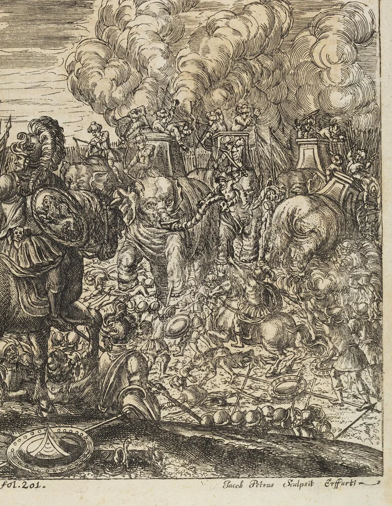 An illustration from D. Georg. Christoph. Petri ab Hartenfelß/ Consiliarii Et Archiatri Moguntini &c. &c. Elephantographia Curiosa: Cui Accessit Ejusdem Auctoris Oratio Panegyrica De Elephantis, Publice In Actu Doctorali Erfordiæ Habita; Nec Non Justi Lipsii Epistola De Eodem Argumento Erudite Conscripta: In Fine Adjectus Est Index Rerum Notabilium Locupletissimus, leaf 283
