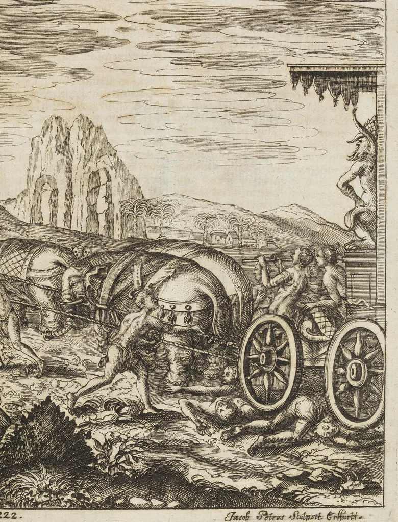 An illustration from D. Georg. Christoph. Petri ab Hartenfelß/ Consiliarii Et Archiatri Moguntini &c. &c. Elephantographia Curiosa: Cui Accessit Ejusdem Auctoris Oratio Panegyrica De Elephantis, Publice In Actu Doctorali Erfordiæ Habita; Nec Non Justi Lipsii Epistola De Eodem Argumento Erudite Conscripta: In Fine Adjectus Est Index Rerum Notabilium Locupletissimus, leaf 309
