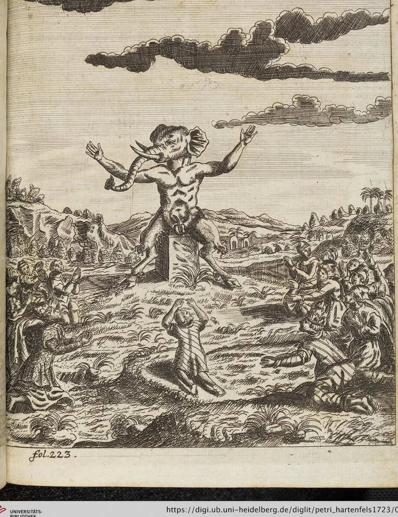 An illustration from D. Georg. Christoph. Petri ab Hartenfelß/ Consiliarii Et Archiatri Moguntini &c. &c. Elephantographia Curiosa: Cui Accessit Ejusdem Auctoris Oratio Panegyrica De Elephantis, Publice In Actu Doctorali Erfordiæ Habita; Nec Non Justi Lipsii Epistola De Eodem Argumento Erudite Conscripta: In Fine Adjectus Est Index Rerum Notabilium Locupletissimus, leaf 311