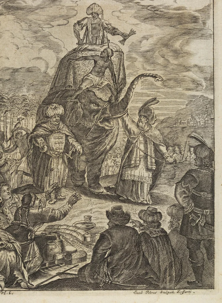 An illustration from D. Georg. Christoph. Petri ab Hartenfelß/ Consiliarii Et Archiatri Moguntini &c. &c. Elephantographia Curiosa: Cui Accessit Ejusdem Auctoris Oratio Panegyrica De Elephantis, Publice In Actu Doctorali Erfordiæ Habita; Nec Non Justi Lipsii Epistola De Eodem Argumento Erudite Conscripta: In Fine Adjectus Est Index Rerum Notabilium Locupletissimus, leaf 37