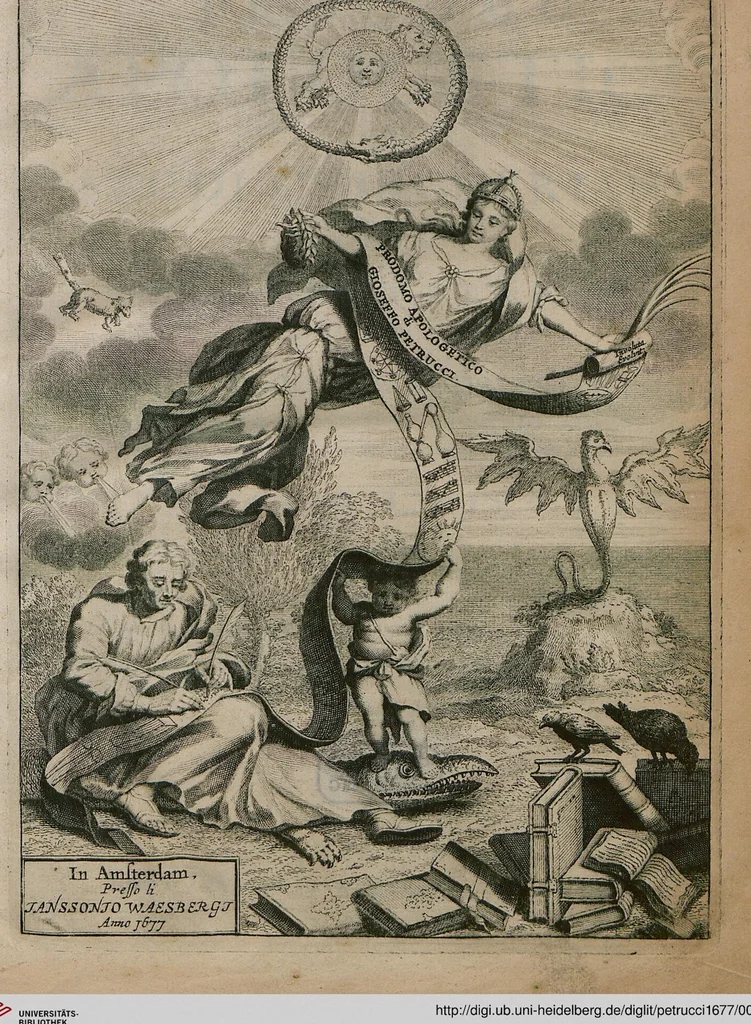 An illustration from Prodomo Apologetico alli Studi Chircheriani: Opera di Gioseffo Petrucci ..., Nella quale con un'apparato di Saggi diversi, si dà prova dell'esquisito Studio ha tenuto ... Atanasio Chircher, Circa il credere all'opinioni degli Scrittori ..., 1677, leaf 5