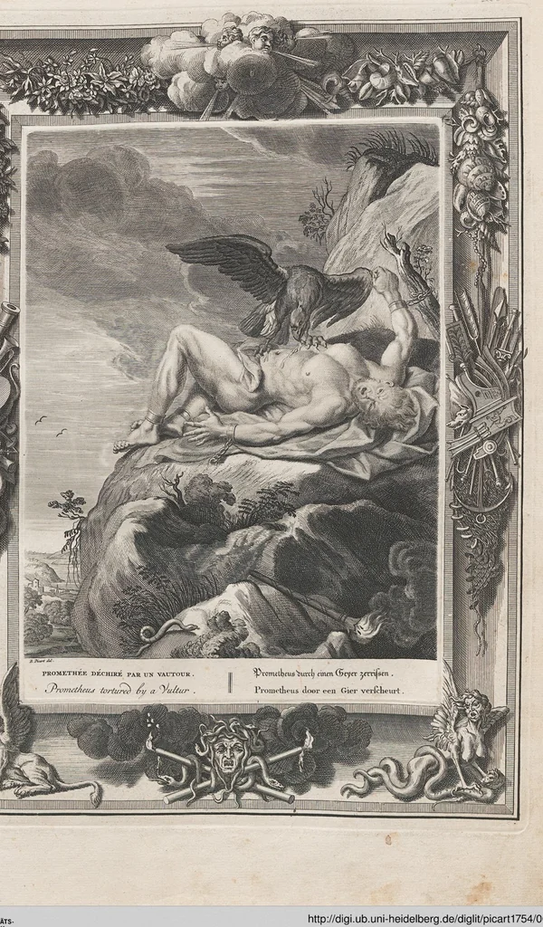 An illustration from Neueröffneter Musen-Tempel: welcher das allermerkwürdigste, aus den Fabeln der Alten in 60 auserlesenen und schönen Kupfern von Bernard Picart und andern kunstreichen Männern vorstellet ; mit deutlichen Erklärungen und Anmerkungen, 1754, leaf 33