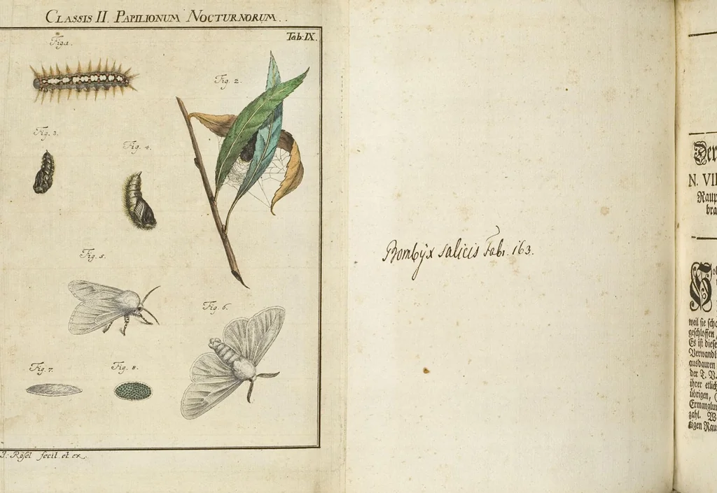 An illustration from (Band 1): ... in welchem die in sechs Classen eingetheilte Papilionen mit ihrem Ursprung, Verwandlung und allen wunderbaren Eigenschafften, aus eigener Erfahrung beschrieben und in sauber illuminirten Kupfern, nach dem Leben abgebildet, vorgestellet werden von August Johann Rösel, Miniatur-Mahlern: Nebst einer Vorrede, in welcher von dem Nutzen derer Insecten gehandelt, was sie seyen gezeiget, und von der Eintheilung dererselben Nachricht gegeben wird, 1746, leaf 347