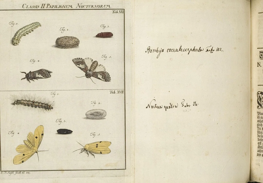 An illustration from (Band 1): ... in welchem die in sechs Classen eingetheilte Papilionen mit ihrem Ursprung, Verwandlung und allen wunderbaren Eigenschafften, aus eigener Erfahrung beschrieben und in sauber illuminirten Kupfern, nach dem Leben abgebildet, vorgestellet werden von August Johann Rösel, Miniatur-Mahlern: Nebst einer Vorrede, in welcher von dem Nutzen derer Insecten gehandelt, was sie seyen gezeiget, und von der Eintheilung dererselben Nachricht gegeben wird, 1746, leaf 401