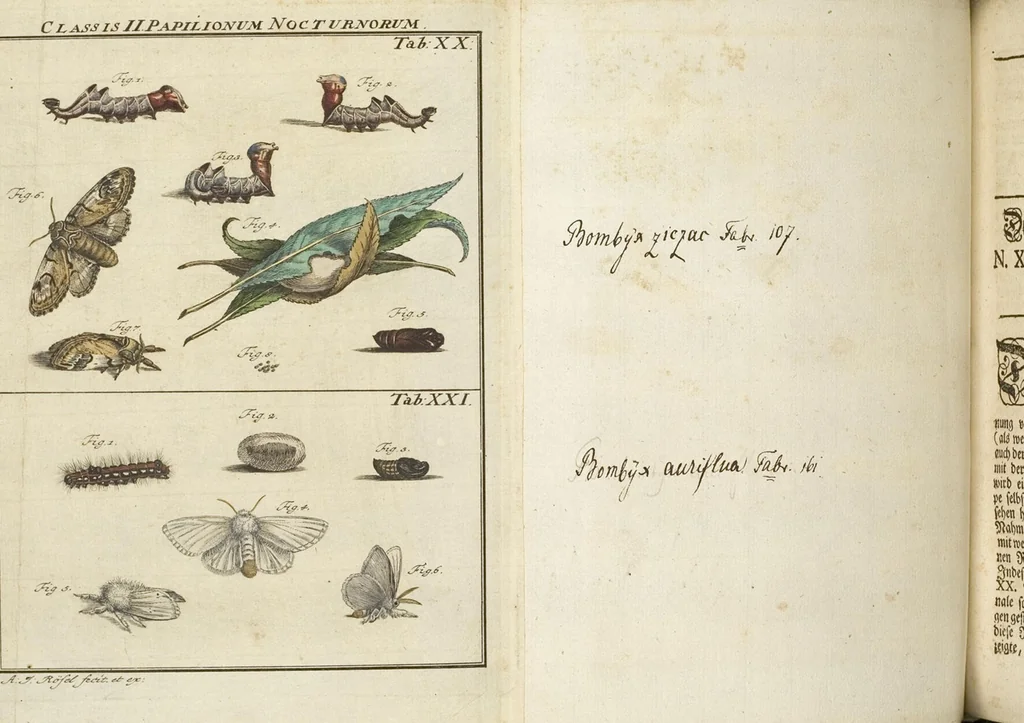 An illustration from (Band 1): ... in welchem die in sechs Classen eingetheilte Papilionen mit ihrem Ursprung, Verwandlung und allen wunderbaren Eigenschafften, aus eigener Erfahrung beschrieben und in sauber illuminirten Kupfern, nach dem Leben abgebildet, vorgestellet werden von August Johann Rösel, Miniatur-Mahlern: Nebst einer Vorrede, in welcher von dem Nutzen derer Insecten gehandelt, was sie seyen gezeiget, und von der Eintheilung dererselben Nachricht gegeben wird, 1746, leaf 428