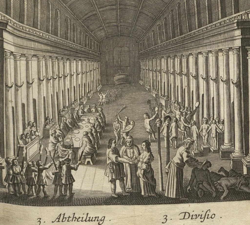 An illustration from Der gantzen Welt Religionen; Oder Beschreibung aller Gottes- und Götzendienste/ wie auch Ketzereyen/ in Asia, Africa, America, und Europa, von Anfang der Welt/ biß auff diese gegenwertige Zeit: Oder Beschreibung aller Gottes- und Götzendienste, wie auch Ketzereyen, in Asia, Africa, America und Europa, von Anfang der Welt, biß auff diese gegenwertige Zeit, 1668, leaf 142