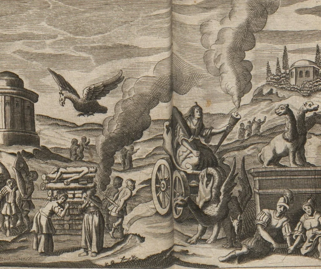 An illustration from Der gantzen Welt Religionen; Oder Beschreibung aller Gottes- und Götzendienste/ wie auch Ketzereyen/ in Asia, Africa, America, und Europa, von Anfang der Welt/ biß auff diese gegenwertige Zeit: Oder Beschreibung aller Gottes- und Götzendienste, wie auch Ketzereyen, in Asia, Africa, America und Europa, von Anfang der Welt, biß auff diese gegenwertige Zeit, 1668, leaf 177