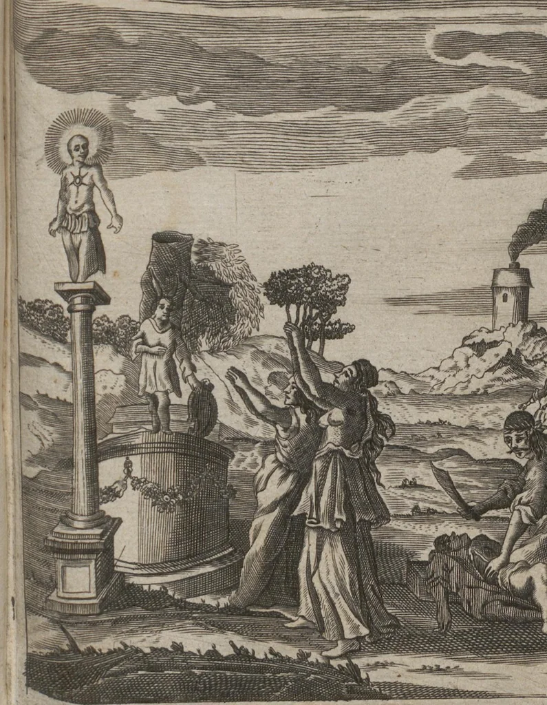 An illustration from Der gantzen Welt Religionen; Oder Beschreibung aller Gottes- und Götzendienste/ wie auch Ketzereyen/ in Asia, Africa, America, und Europa, von Anfang der Welt/ biß auff diese gegenwertige Zeit: Oder Beschreibung aller Gottes- und Götzendienste, wie auch Ketzereyen, in Asia, Africa, America und Europa, von Anfang der Welt, biß auff diese gegenwertige Zeit, 1668, leaf 212