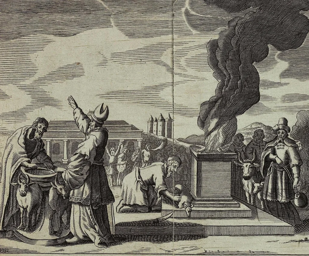 An illustration from Der gantzen Welt Religionen; Oder Beschreibung aller Gottes- und Götzendienste/ wie auch Ketzereyen/ in Asia, Africa, America, und Europa, von Anfang der Welt/ biß auff diese gegenwertige Zeit: Oder Beschreibung aller Gottes- und Götzendienste, wie auch Ketzereyen, in Asia, Africa, America und Europa, von Anfang der Welt, biß auff diese gegenwertige Zeit, 1668, leaf 22