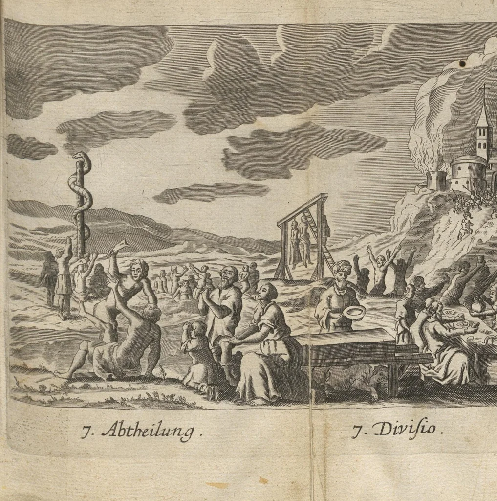 An illustration from Der gantzen Welt Religionen; Oder Beschreibung aller Gottes- und Götzendienste/ wie auch Ketzereyen/ in Asia, Africa, America, und Europa, von Anfang der Welt/ biß auff diese gegenwertige Zeit: Oder Beschreibung aller Gottes- und Götzendienste, wie auch Ketzereyen, in Asia, Africa, America und Europa, von Anfang der Welt, biß auff diese gegenwertige Zeit, 1668, leaf 252