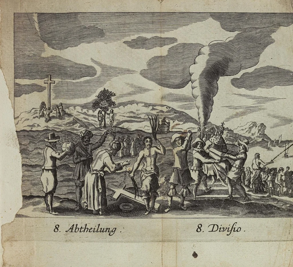 An illustration from Der gantzen Welt Religionen; Oder Beschreibung aller Gottes- und Götzendienste/ wie auch Ketzereyen/ in Asia, Africa, America, und Europa, von Anfang der Welt/ biß auff diese gegenwertige Zeit: Oder Beschreibung aller Gottes- und Götzendienste, wie auch Ketzereyen, in Asia, Africa, America und Europa, von Anfang der Welt, biß auff diese gegenwertige Zeit, 1668, leaf 303