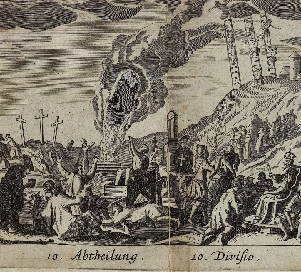An illustration from Der gantzen Welt Religionen; Oder Beschreibung aller Gottes- und Götzendienste/ wie auch Ketzereyen/ in Asia, Africa, America, und Europa, von Anfang der Welt/ biß auff diese gegenwertige Zeit: Oder Beschreibung aller Gottes- und Götzendienste, wie auch Ketzereyen, in Asia, Africa, America und Europa, von Anfang der Welt, biß auff diese gegenwertige Zeit, 1668, leaf 387
