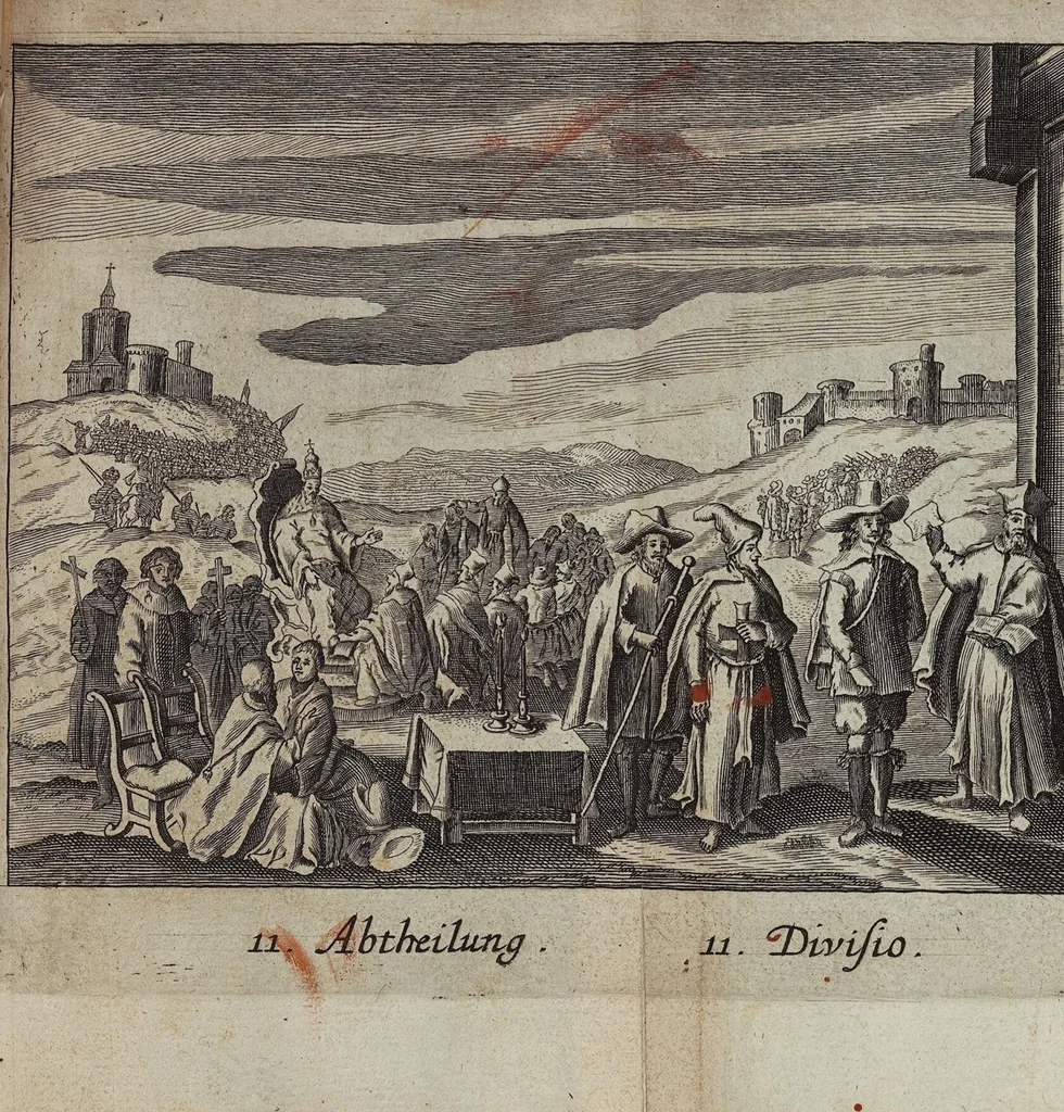 An illustration from Der gantzen Welt Religionen; Oder Beschreibung aller Gottes- und Götzendienste/ wie auch Ketzereyen/ in Asia, Africa, America, und Europa, von Anfang der Welt/ biß auff diese gegenwertige Zeit: Oder Beschreibung aller Gottes- und Götzendienste, wie auch Ketzereyen, in Asia, Africa, America und Europa, von Anfang der Welt, biß auff diese gegenwertige Zeit, 1668, leaf 438