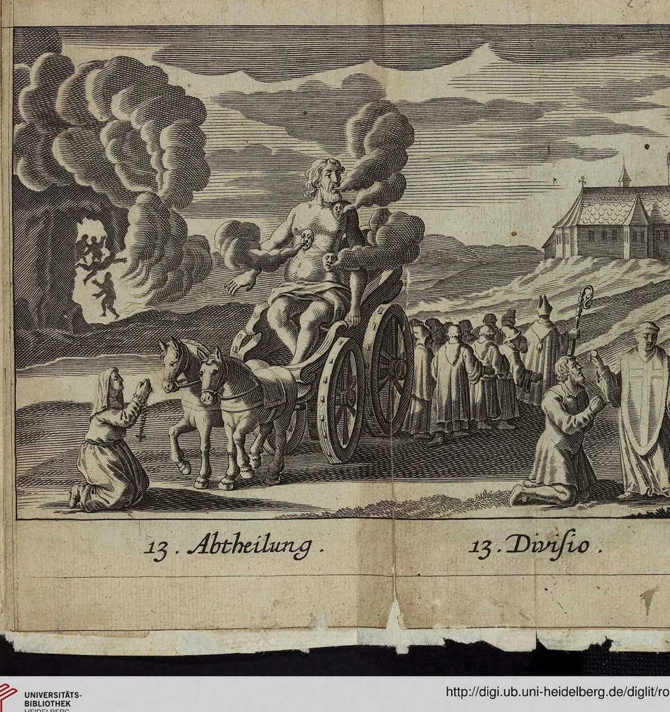 An illustration from Der gantzen Welt Religionen; Oder Beschreibung aller Gottes- und Götzendienste/ wie auch Ketzereyen/ in Asia, Africa, America, und Europa, von Anfang der Welt/ biß auff diese gegenwertige Zeit: Oder Beschreibung aller Gottes- und Götzendienste, wie auch Ketzereyen, in Asia, Africa, America und Europa, von Anfang der Welt, biß auff diese gegenwertige Zeit, 1668, leaf 574