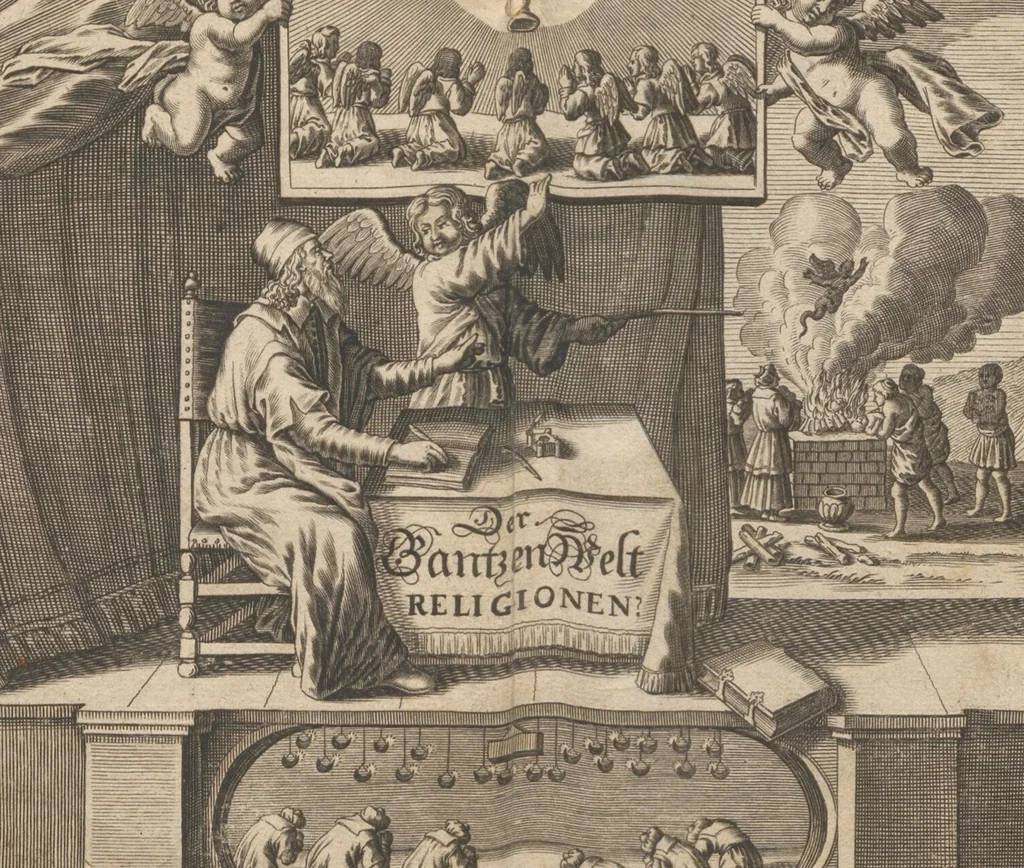 An illustration from Der gantzen Welt Religionen; Oder Beschreibung aller Gottes- und Götzendienste/ wie auch Ketzereyen/ in Asia, Africa, America, und Europa, von Anfang der Welt/ biß auff diese gegenwertige Zeit: Oder Beschreibung aller Gottes- und Götzendienste, wie auch Ketzereyen, in Asia, Africa, America und Europa, von Anfang der Welt, biß auff diese gegenwertige Zeit, 1668, leaf 6