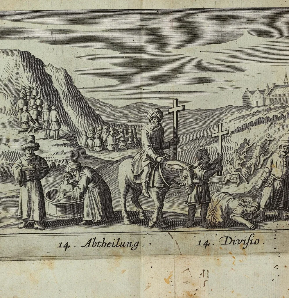 An illustration from Der gantzen Welt Religionen; Oder Beschreibung aller Gottes- und Götzendienste/ wie auch Ketzereyen/ in Asia, Africa, America, und Europa, von Anfang der Welt/ biß auff diese gegenwertige Zeit: Oder Beschreibung aller Gottes- und Götzendienste, wie auch Ketzereyen, in Asia, Africa, America und Europa, von Anfang der Welt, biß auff diese gegenwertige Zeit, 1668, leaf 638