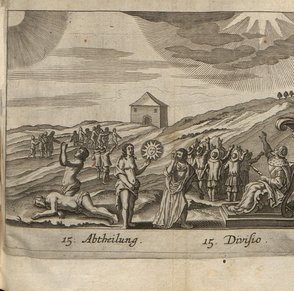 An illustration from Der gantzen Welt Religionen; Oder Beschreibung aller Gottes- und Götzendienste/ wie auch Ketzereyen/ in Asia, Africa, America, und Europa, von Anfang der Welt/ biß auff diese gegenwertige Zeit: Oder Beschreibung aller Gottes- und Götzendienste, wie auch Ketzereyen, in Asia, Africa, America und Europa, von Anfang der Welt, biß auff diese gegenwertige Zeit, 1668, leaf 667