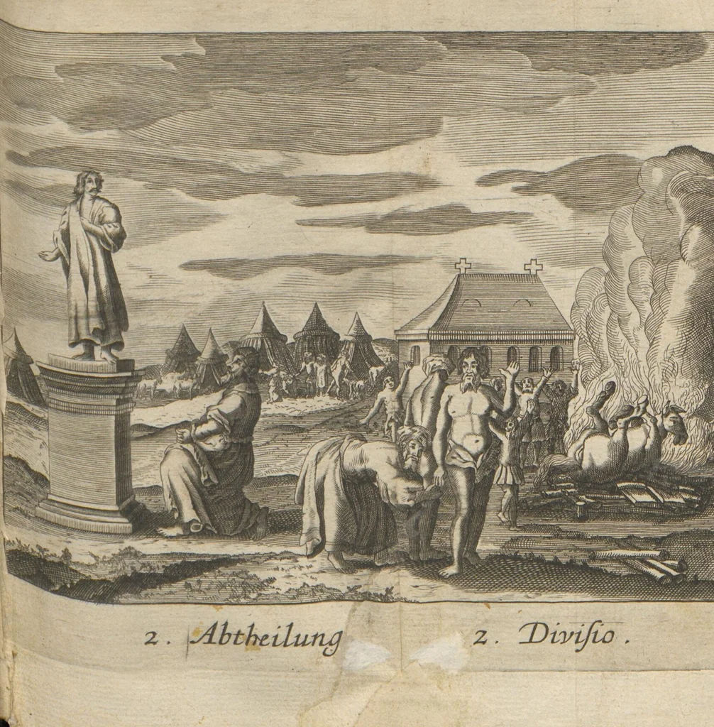 An illustration from Der gantzen Welt Religionen; Oder Beschreibung aller Gottes- und Götzendienste/ wie auch Ketzereyen/ in Asia, Africa, America, und Europa, von Anfang der Welt/ biß auff diese gegenwertige Zeit: Oder Beschreibung aller Gottes- und Götzendienste, wie auch Ketzereyen, in Asia, Africa, America und Europa, von Anfang der Welt, biß auff diese gegenwertige Zeit, 1668, leaf 93