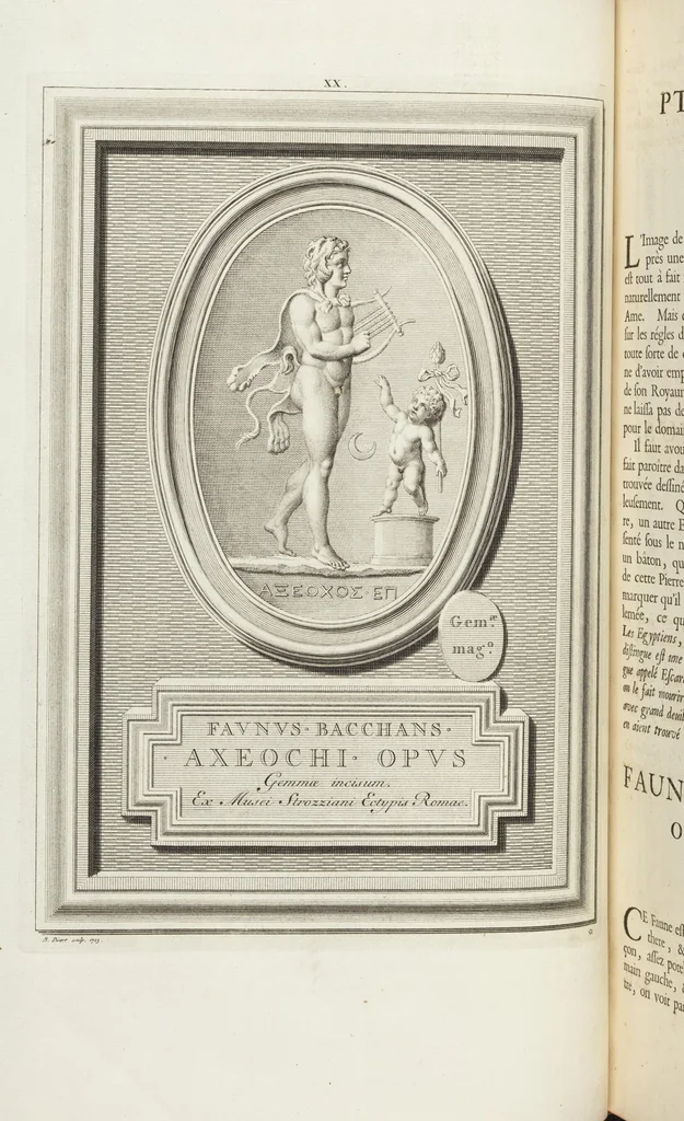 An illustration from Pierres Antiques Gravées, Sur Lesquelles Les Graveurs Ont Mis Leurs Noms: Dessinées & Gravées en Cuivre sur les Originaux ou d'après les Empreintes / Gemmæ Antiquæ Cælatæ, Scalptorum Nominibus Insignitæ. Ad ipsas Gemmas, aut Earum Ectypos Delineatæ & Aeri incisæ, 1724, leaf 100