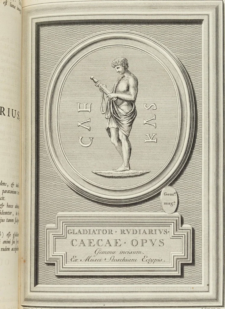 An illustration from Pierres Antiques Gravées, Sur Lesquelles Les Graveurs Ont Mis Leurs Noms: Dessinées & Gravées en Cuivre sur les Originaux ou d'après les Empreintes / Gemmæ Antiquæ Cælatæ, Scalptorum Nominibus Insignitæ. Ad ipsas Gemmas, aut Earum Ectypos Delineatæ & Aeri incisæ, 1724, leaf 103