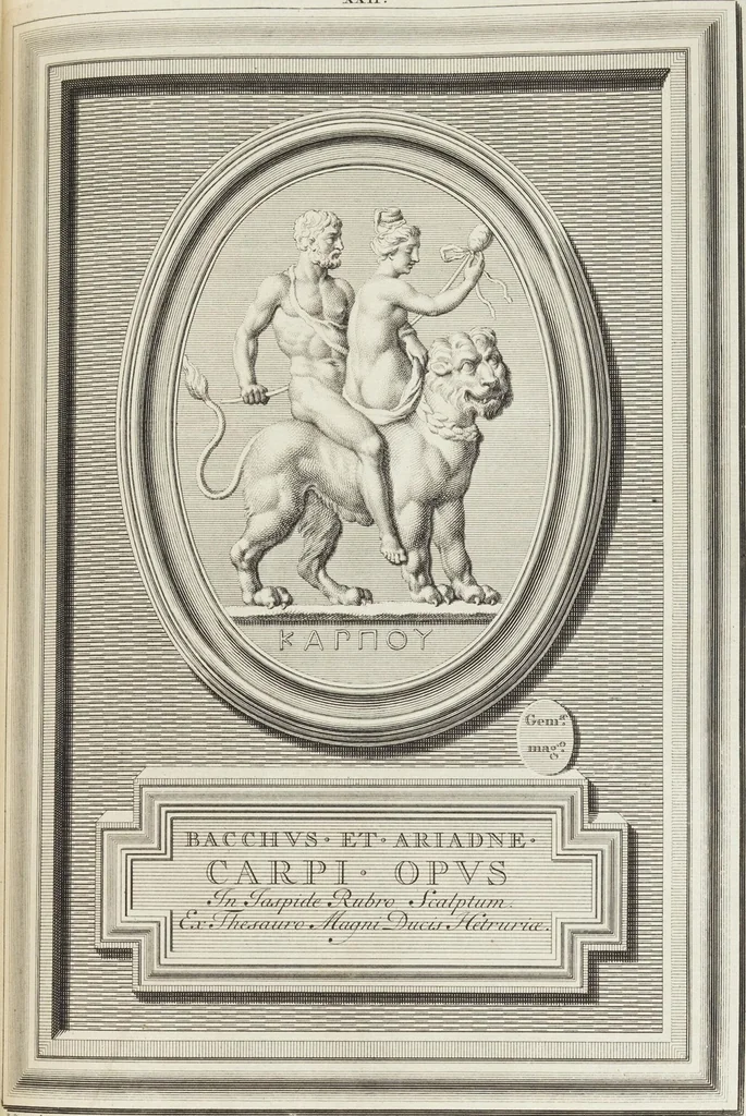 An illustration from Pierres Antiques Gravées, Sur Lesquelles Les Graveurs Ont Mis Leurs Noms: Dessinées & Gravées en Cuivre sur les Originaux ou d'après les Empreintes / Gemmæ Antiquæ Cælatæ, Scalptorum Nominibus Insignitæ. Ad ipsas Gemmas, aut Earum Ectypos Delineatæ & Aeri incisæ, 1724, leaf 107