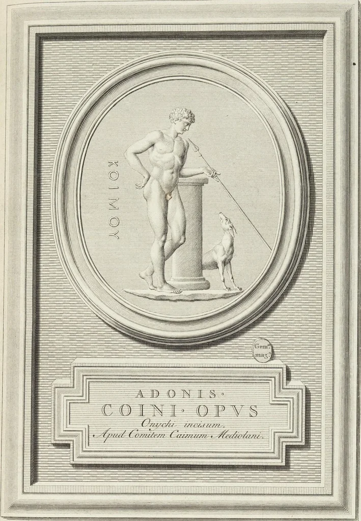 An illustration from Pierres Antiques Gravées, Sur Lesquelles Les Graveurs Ont Mis Leurs Noms: Dessinées & Gravées en Cuivre sur les Originaux ou d'après les Empreintes / Gemmæ Antiquæ Cælatæ, Scalptorum Nominibus Insignitæ. Ad ipsas Gemmas, aut Earum Ectypos Delineatæ & Aeri incisæ, 1724, leaf 113