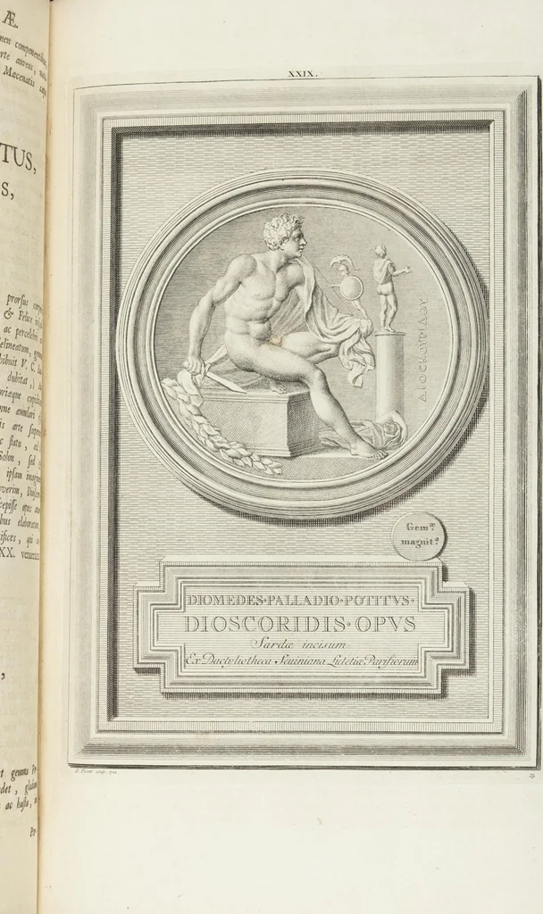 An illustration from Pierres Antiques Gravées, Sur Lesquelles Les Graveurs Ont Mis Leurs Noms: Dessinées & Gravées en Cuivre sur les Originaux ou d'après les Empreintes / Gemmæ Antiquæ Cælatæ, Scalptorum Nominibus Insignitæ. Ad ipsas Gemmas, aut Earum Ectypos Delineatæ & Aeri incisæ, 1724, leaf 131