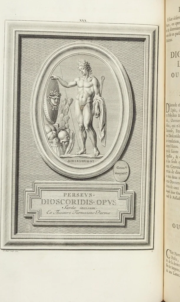 An illustration from Pierres Antiques Gravées, Sur Lesquelles Les Graveurs Ont Mis Leurs Noms: Dessinées & Gravées en Cuivre sur les Originaux ou d'après les Empreintes / Gemmæ Antiquæ Cælatæ, Scalptorum Nominibus Insignitæ. Ad ipsas Gemmas, aut Earum Ectypos Delineatæ & Aeri incisæ, 1724, leaf 134