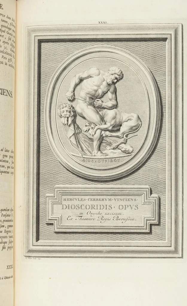 An illustration from Pierres Antiques Gravées, Sur Lesquelles Les Graveurs Ont Mis Leurs Noms: Dessinées & Gravées en Cuivre sur les Originaux ou d'après les Empreintes / Gemmæ Antiquæ Cælatæ, Scalptorum Nominibus Insignitæ. Ad ipsas Gemmas, aut Earum Ectypos Delineatæ & Aeri incisæ, 1724, leaf 137