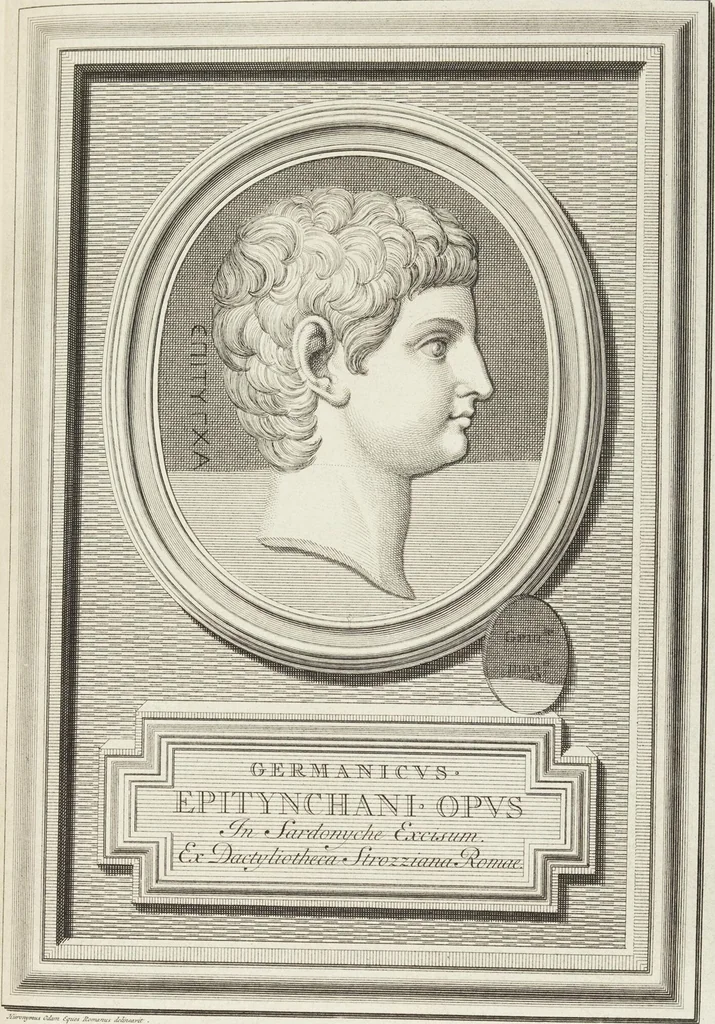 An illustration from Pierres Antiques Gravées, Sur Lesquelles Les Graveurs Ont Mis Leurs Noms: Dessinées & Gravées en Cuivre sur les Originaux ou d'après les Empreintes / Gemmæ Antiquæ Cælatæ, Scalptorum Nominibus Insignitæ. Ad ipsas Gemmas, aut Earum Ectypos Delineatæ & Aeri incisæ, 1724, leaf 141