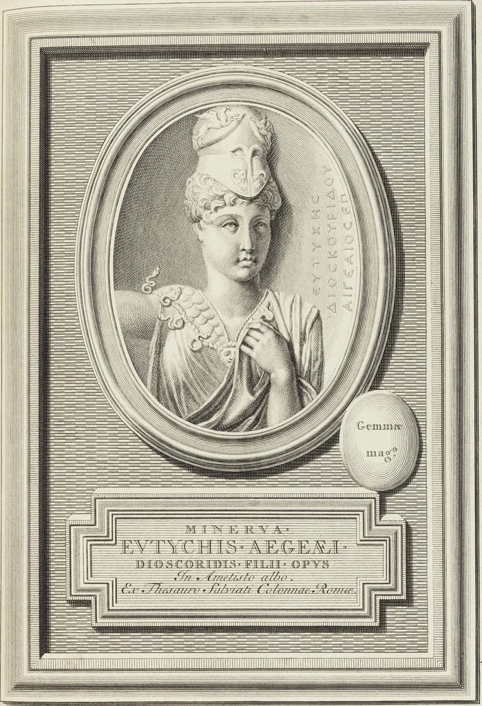 An illustration from Pierres Antiques Gravées, Sur Lesquelles Les Graveurs Ont Mis Leurs Noms: Dessinées & Gravées en Cuivre sur les Originaux ou d'après les Empreintes / Gemmæ Antiquæ Cælatæ, Scalptorum Nominibus Insignitæ. Ad ipsas Gemmas, aut Earum Ectypos Delineatæ & Aeri incisæ, 1724, leaf 149