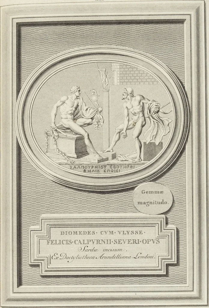 An illustration from Pierres Antiques Gravées, Sur Lesquelles Les Graveurs Ont Mis Leurs Noms: Dessinées & Gravées en Cuivre sur les Originaux ou d'après les Empreintes / Gemmæ Antiquæ Cælatæ, Scalptorum Nominibus Insignitæ. Ad ipsas Gemmas, aut Earum Ectypos Delineatæ & Aeri incisæ, 1724, leaf 153