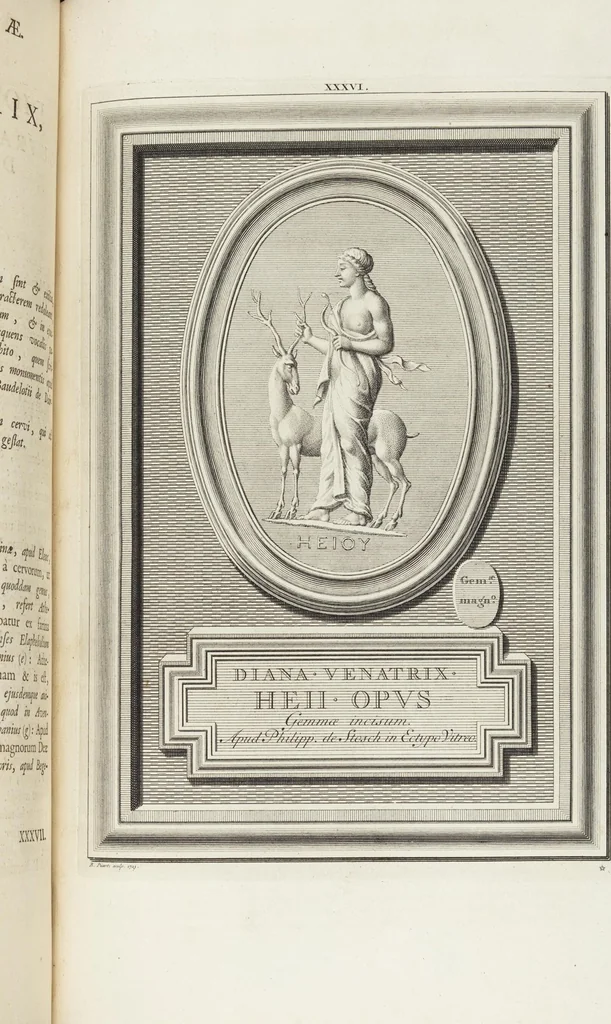 An illustration from Pierres Antiques Gravées, Sur Lesquelles Les Graveurs Ont Mis Leurs Noms: Dessinées & Gravées en Cuivre sur les Originaux ou d'après les Empreintes / Gemmæ Antiquæ Cælatæ, Scalptorum Nominibus Insignitæ. Ad ipsas Gemmas, aut Earum Ectypos Delineatæ & Aeri incisæ, 1724, leaf 157