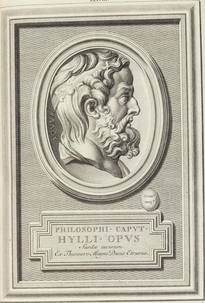 An illustration from Pierres Antiques Gravées, Sur Lesquelles Les Graveurs Ont Mis Leurs Noms: Dessinées & Gravées en Cuivre sur les Originaux ou d'après les Empreintes / Gemmæ Antiquæ Cælatæ, Scalptorum Nominibus Insignitæ. Ad ipsas Gemmas, aut Earum Ectypos Delineatæ & Aeri incisæ, 1724, leaf 165
