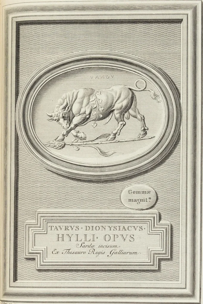 An illustration from Pierres Antiques Gravées, Sur Lesquelles Les Graveurs Ont Mis Leurs Noms: Dessinées & Gravées en Cuivre sur les Originaux ou d'après les Empreintes / Gemmæ Antiquæ Cælatæ, Scalptorum Nominibus Insignitæ. Ad ipsas Gemmas, aut Earum Ectypos Delineatæ & Aeri incisæ, 1724, leaf 171