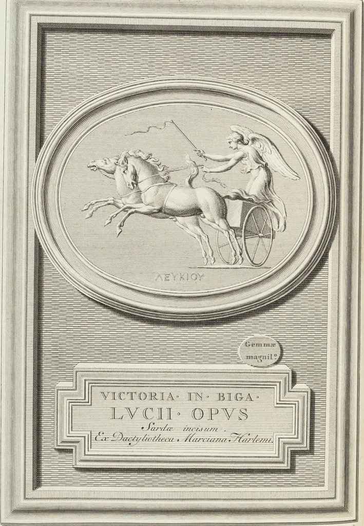 An illustration from Pierres Antiques Gravées, Sur Lesquelles Les Graveurs Ont Mis Leurs Noms: Dessinées & Gravées en Cuivre sur les Originaux ou d'après les Empreintes / Gemmæ Antiquæ Cælatæ, Scalptorum Nominibus Insignitæ. Ad ipsas Gemmas, aut Earum Ectypos Delineatæ & Aeri incisæ, 1724, leaf 174