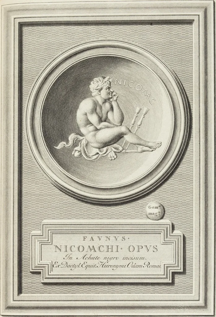 An illustration from Pierres Antiques Gravées, Sur Lesquelles Les Graveurs Ont Mis Leurs Noms: Dessinées & Gravées en Cuivre sur les Originaux ou d'après les Empreintes / Gemmæ Antiquæ Cælatæ, Scalptorum Nominibus Insignitæ. Ad ipsas Gemmas, aut Earum Ectypos Delineatæ & Aeri incisæ, 1724, leaf 185